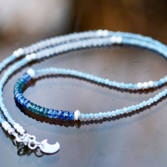 Natural Kyanite, Aquamarine Wrap Bracelet Convertible Necklace Sterling Silver - Picture 13 of 14